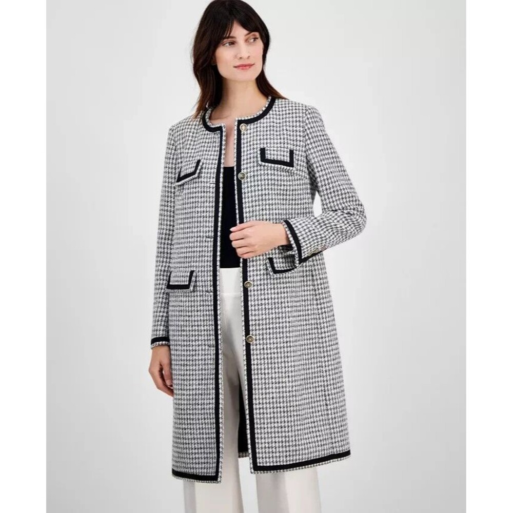Anne Klein Women's Chic Tweed Fabric Collarless Long Jacket TopCoat Blazer 14 - Picture 4 of 12
